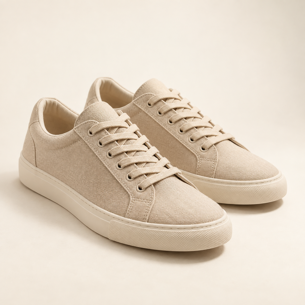 Illustrative pair of sand-coloured canvas sneakers
